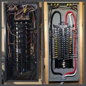 Electrician installing a modern electrical panel upgrade with clean organized wiring in a residential home